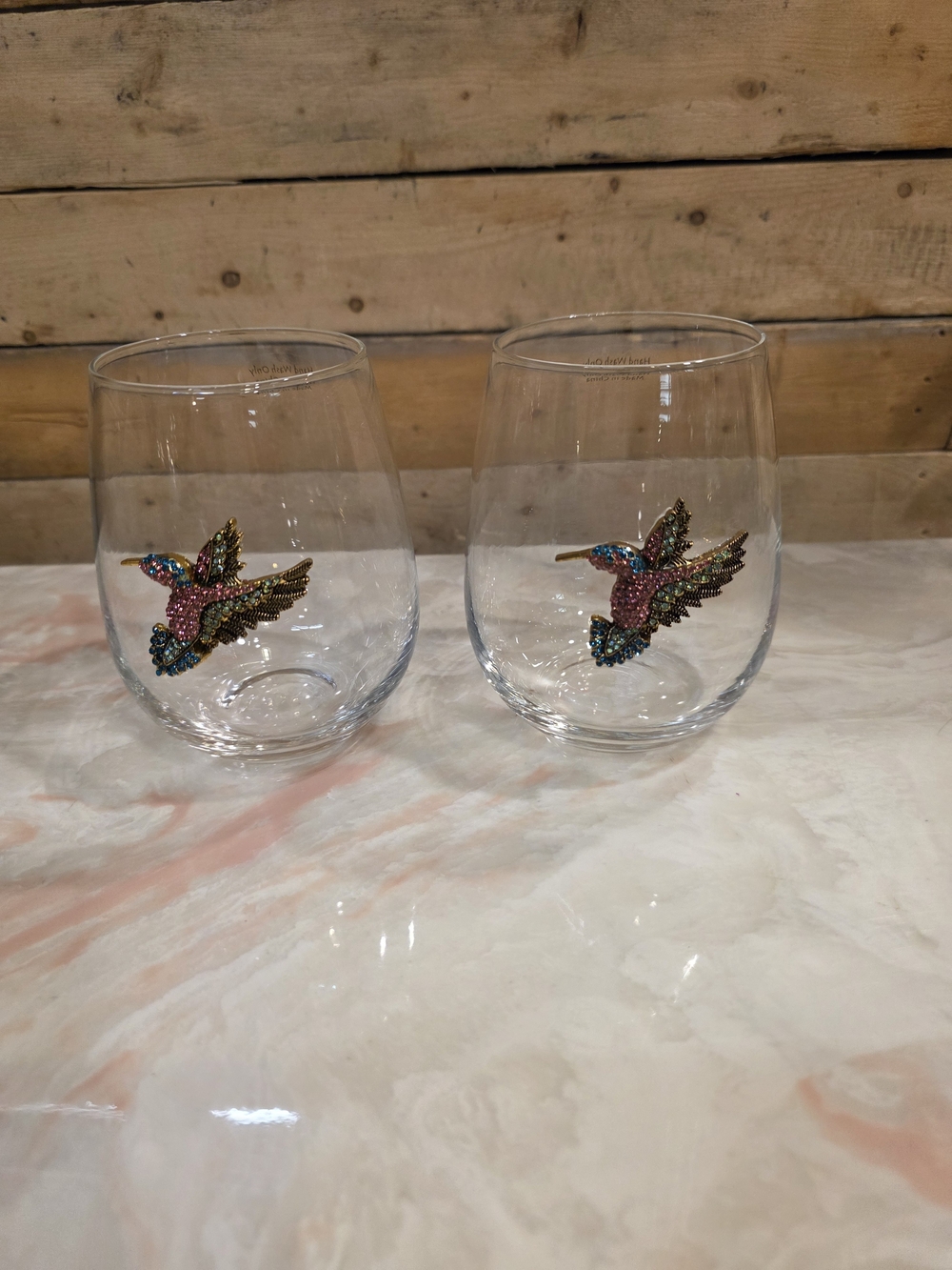 Jeweled Hummingbird Stemless Wine Glasses - Set of 2